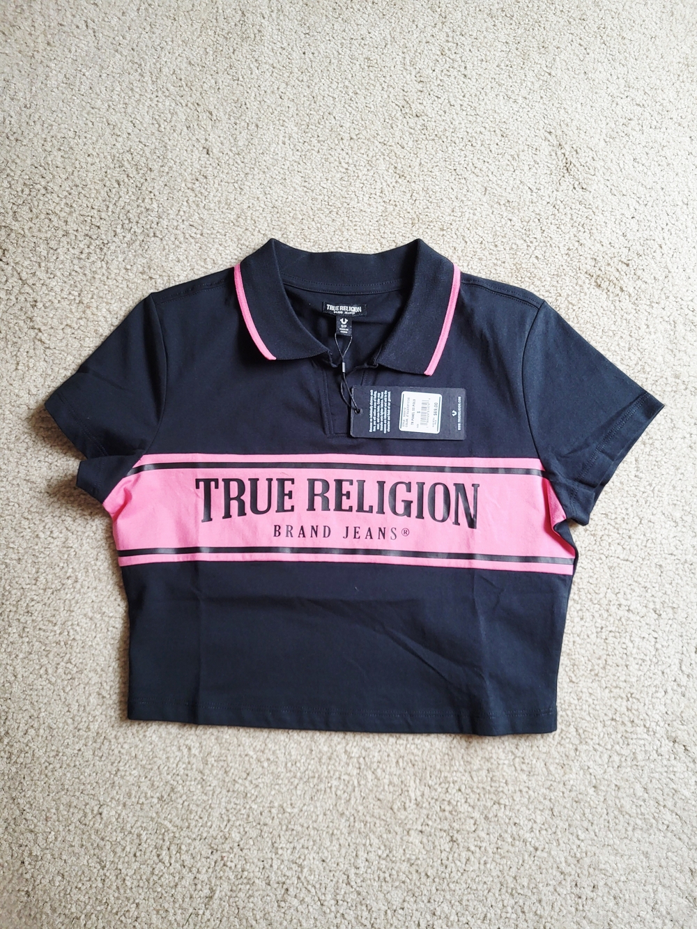 True Religion Womens Size S Small Black Pink Cropped Short Sleeve Polo Tee Shirt